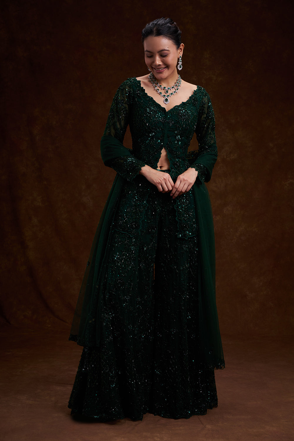 Bottle Green Net Indo-Western Set with Cutdana and Bead Work