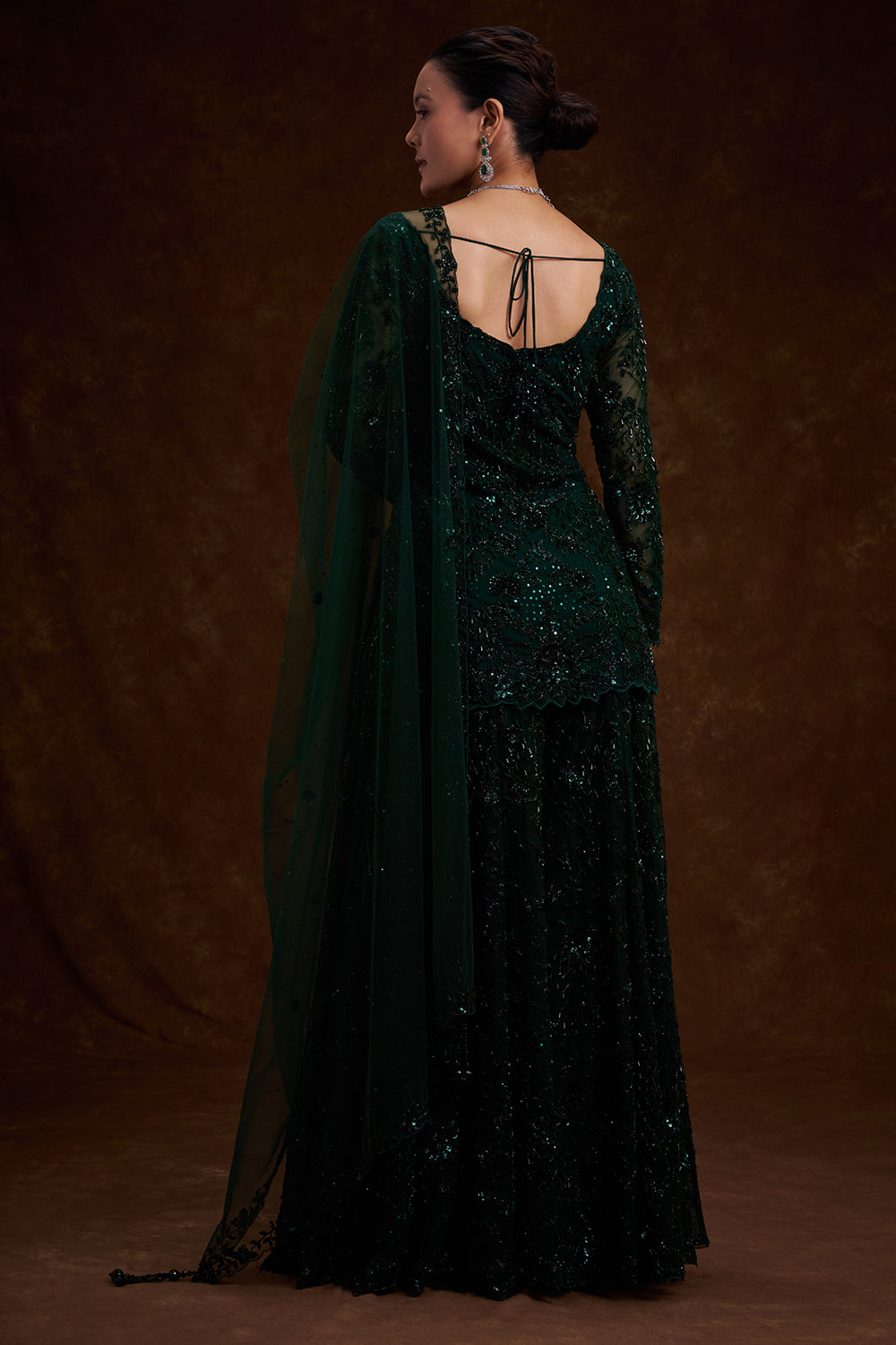 Bottle Green Net Indo-Western Set with Cutdana and Bead Work