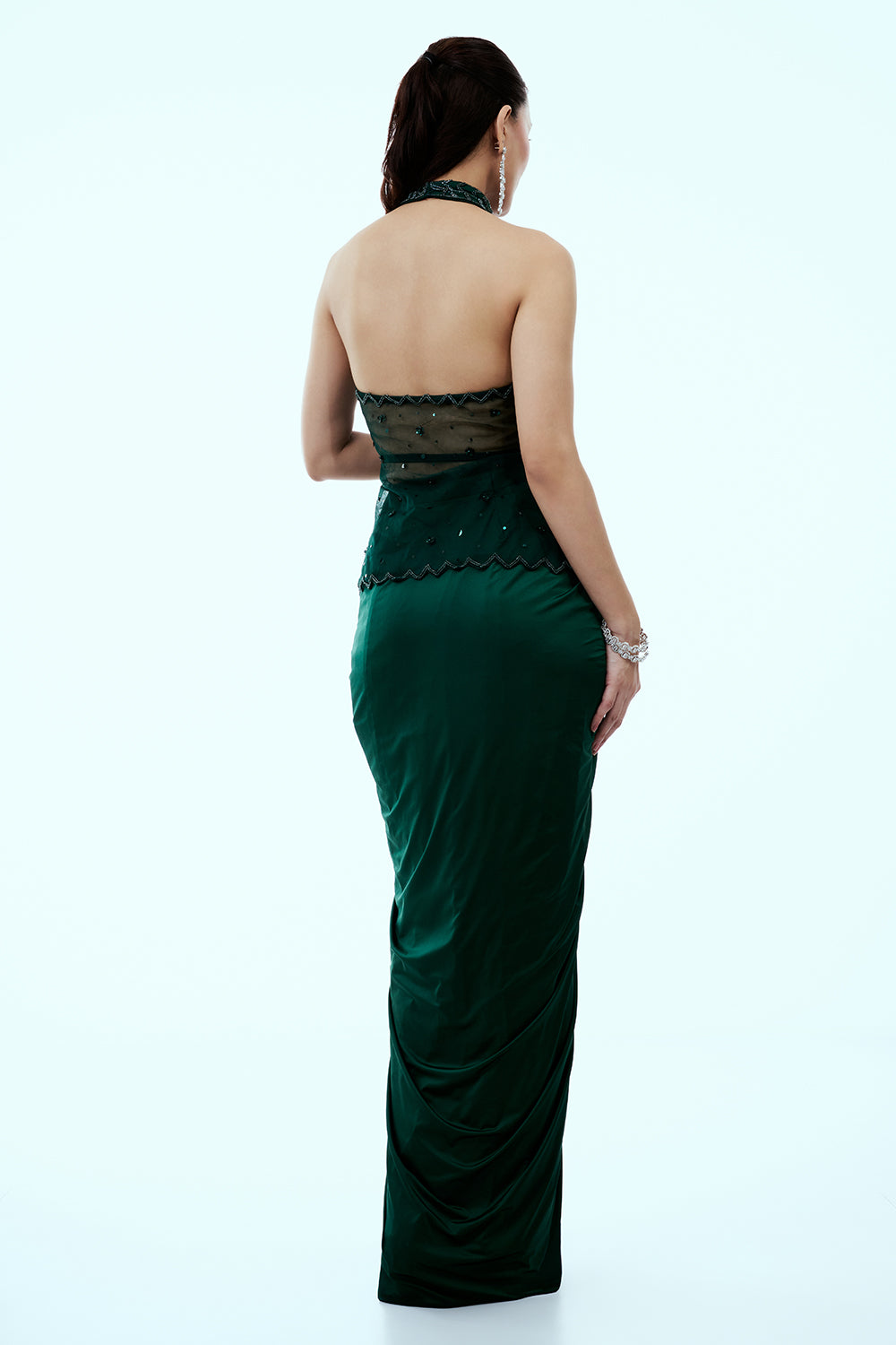 Bottle Green Satin Indo Western Set with Cutdana and Sequins Work