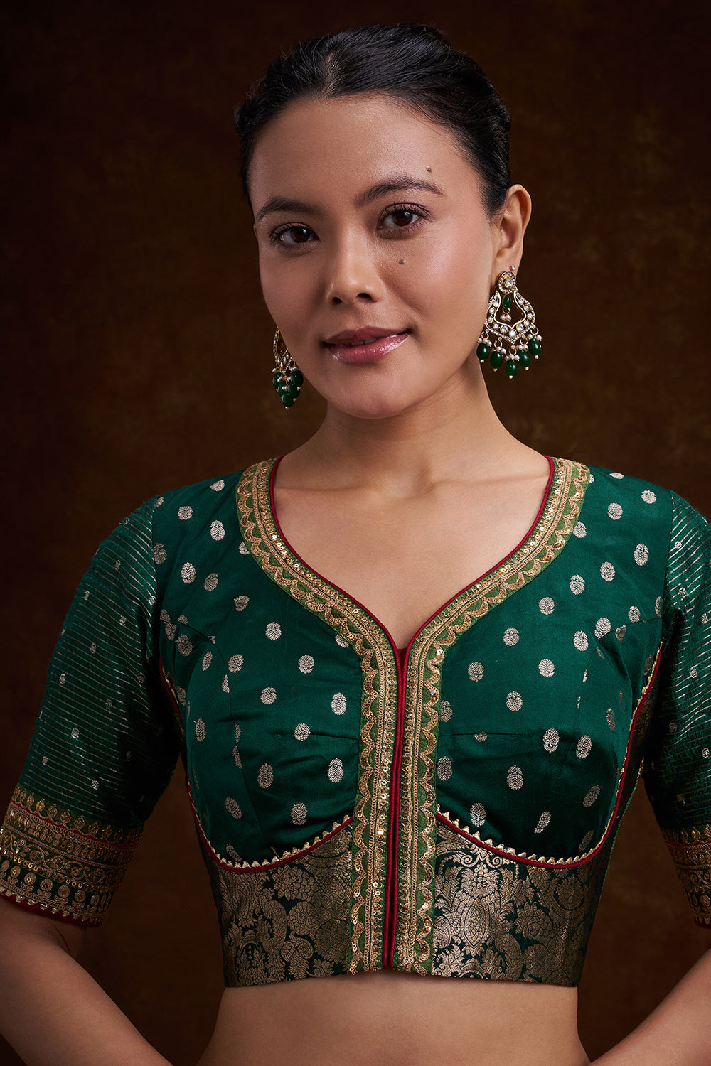 Bottle Green Silk Blouse with Heritage Print