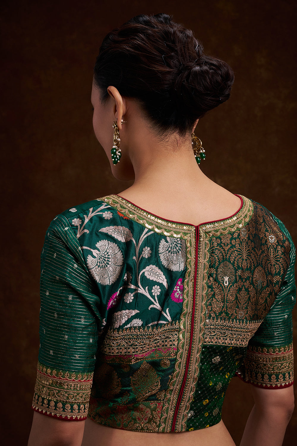 Bottle Green Silk Blouse with Heritage Print