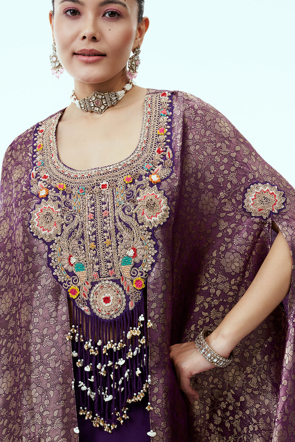 Brocade Kaftan-Style Kurta with Palazzo Pants and Zardosi Work