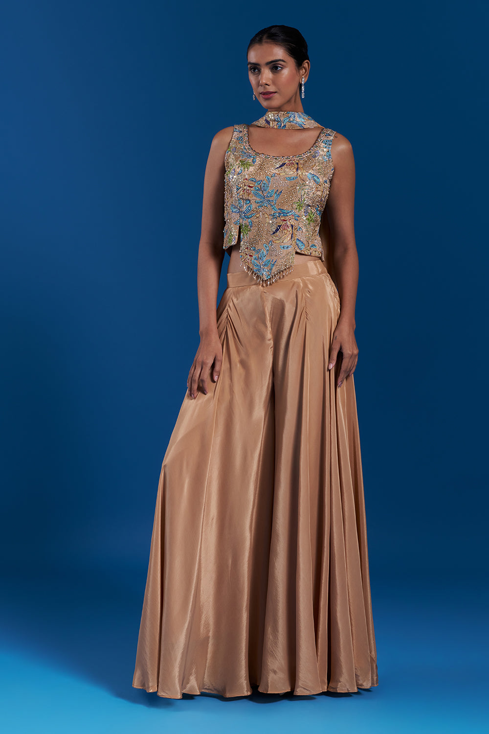 Bronze Gold Crepe Palazzo Set with Aari Work