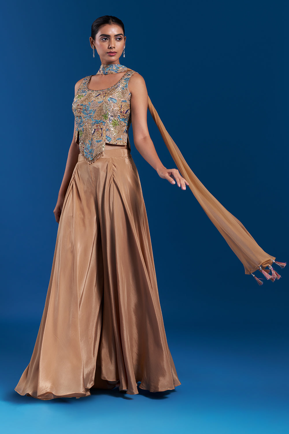 Bronze Gold Crepe Palazzo Set with Aari Work