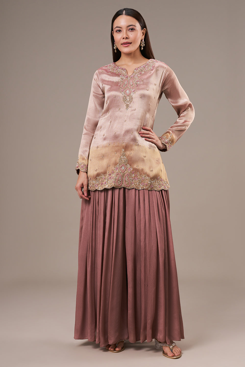 Bronze Tissue Palazzo Suit with Cutdana and Zardosi Work