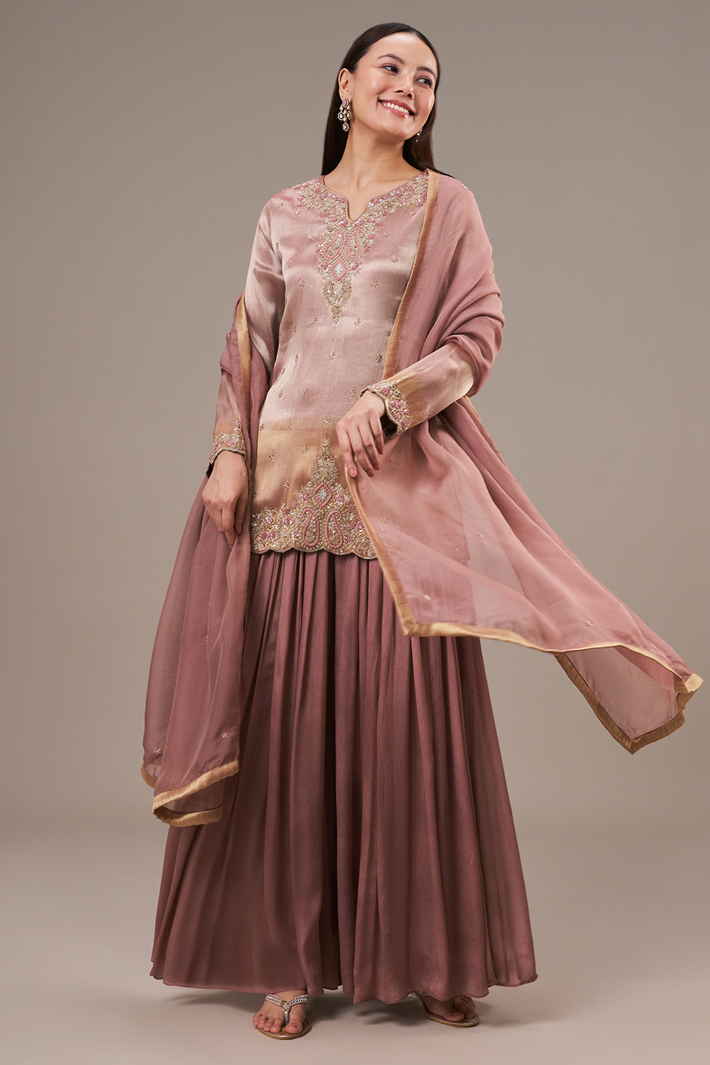 Bronze Tissue Palazzo Suit with Cutdana and Zardosi Work