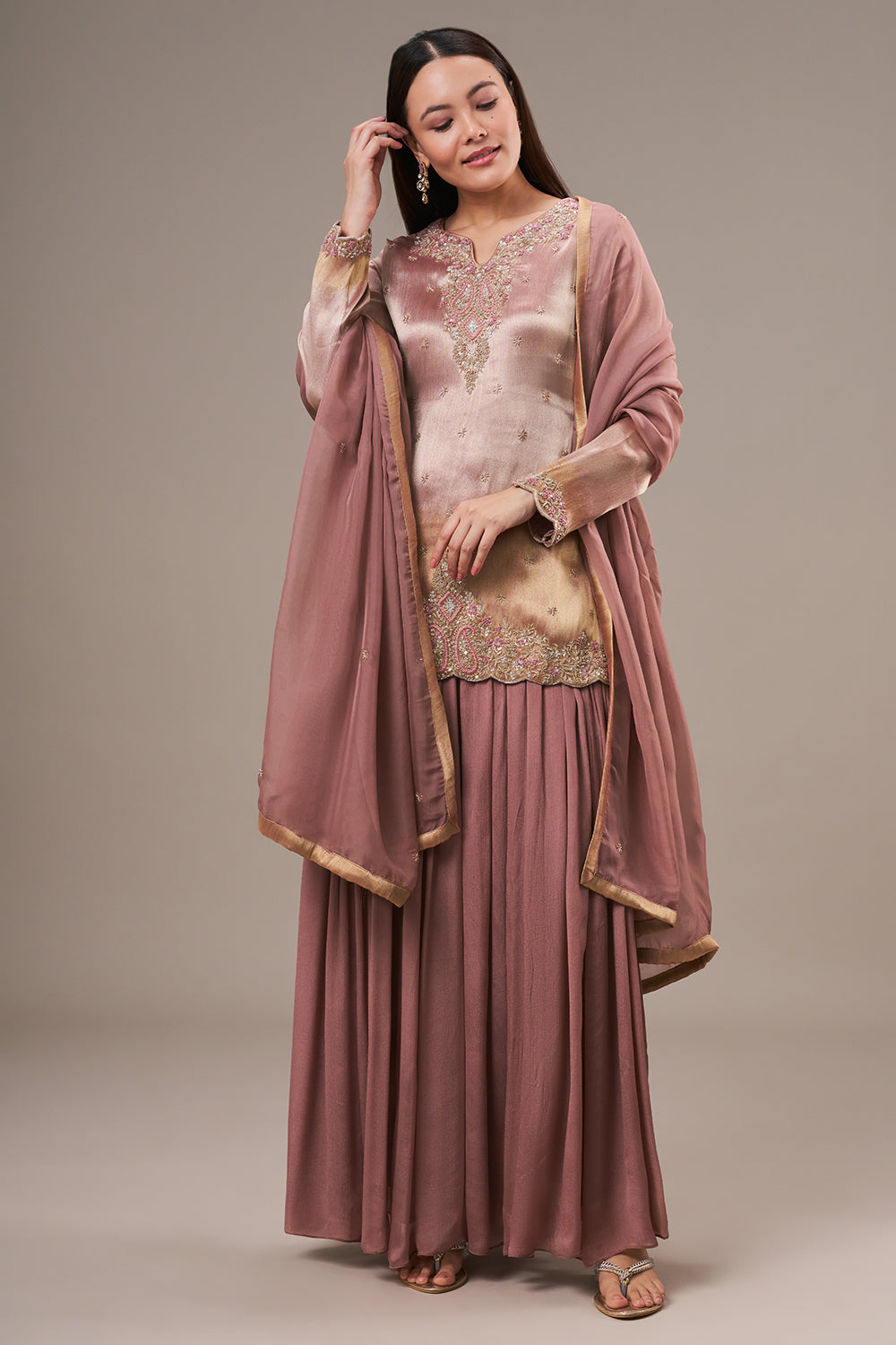 Bronze Tissue Palazzo Suit with Cutdana and Zardosi Work