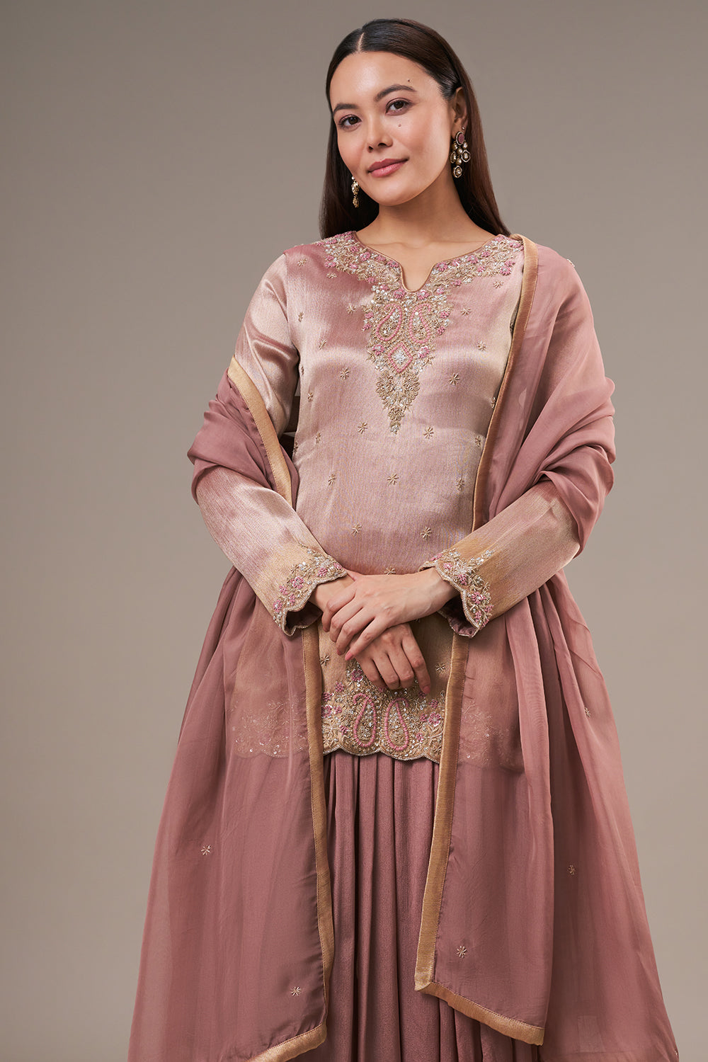 Bronze Tissue Palazzo Suit with Cutdana and Zardosi Work