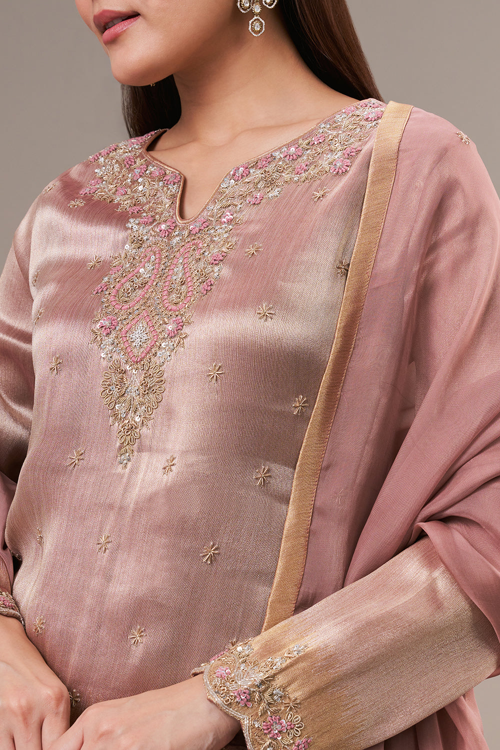 Bronze Tissue Palazzo Suit with Cutdana and Zardosi Work