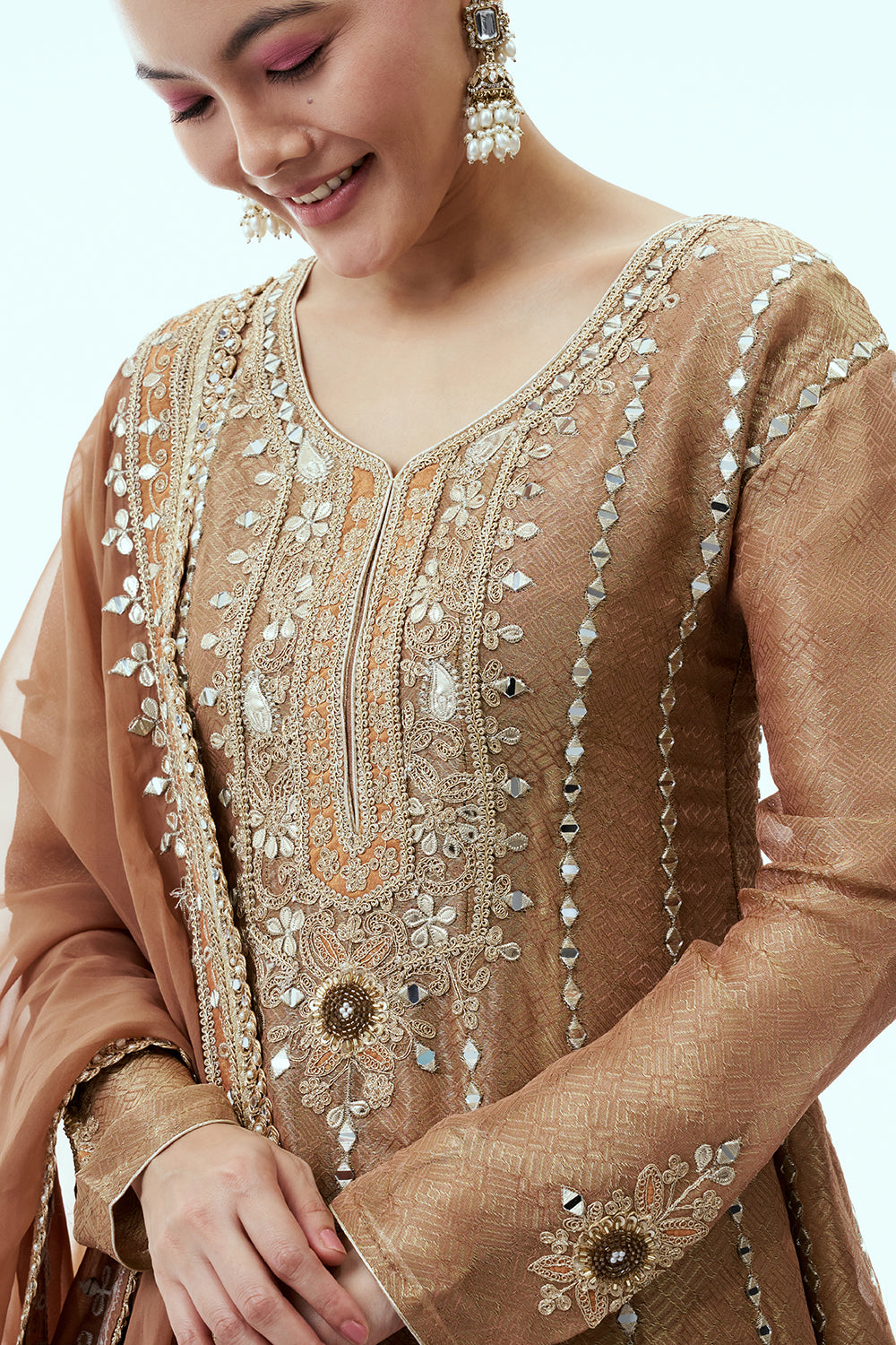 Bronze Tissue Silk Anarkali Suit and Dupatta with Gota Work