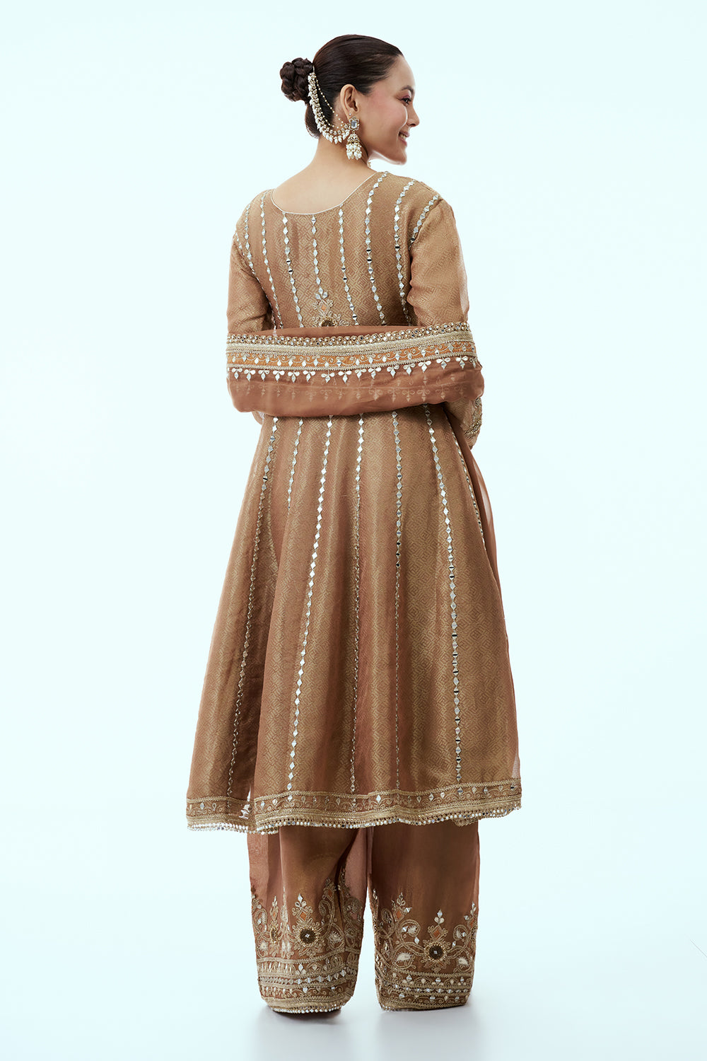 Bronze Tissue Silk Anarkali Suit and Dupatta with Gota Work