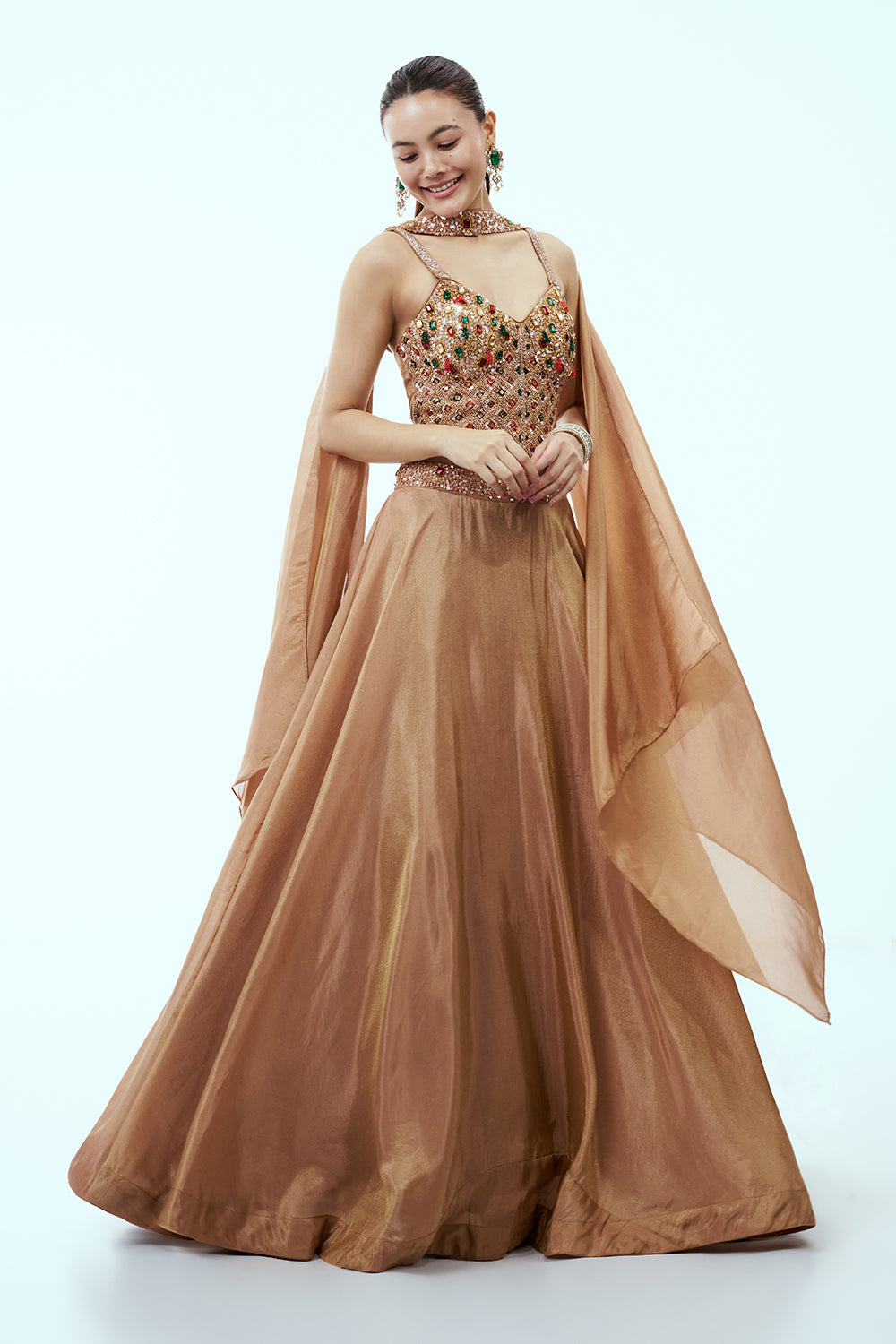 Bronze Tissue Silk Lehenga with Corset Blouse and Rhinestone Accents