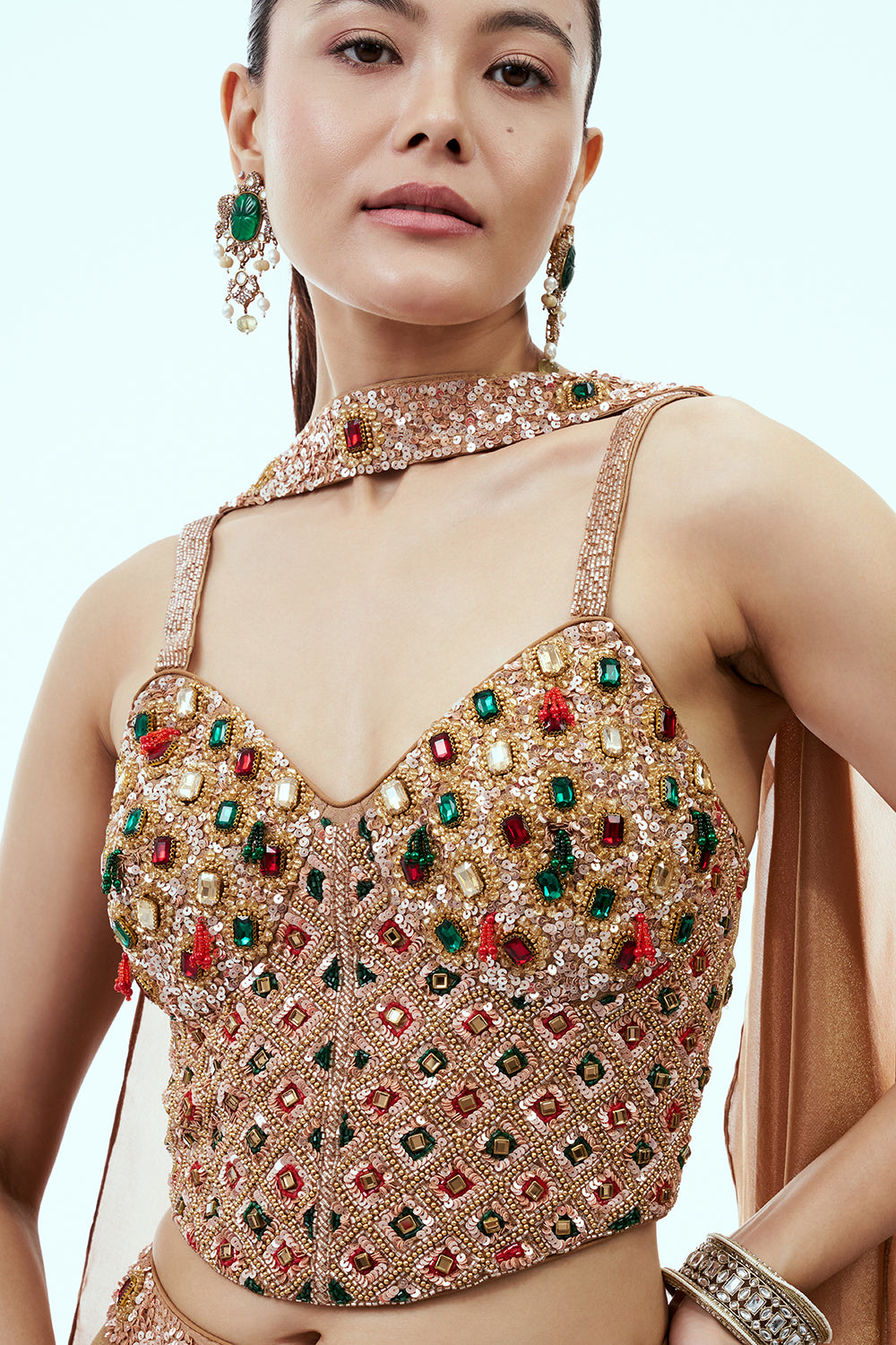 Bronze Tissue Silk Lehenga with Corset Blouse and Rhinestone Accents