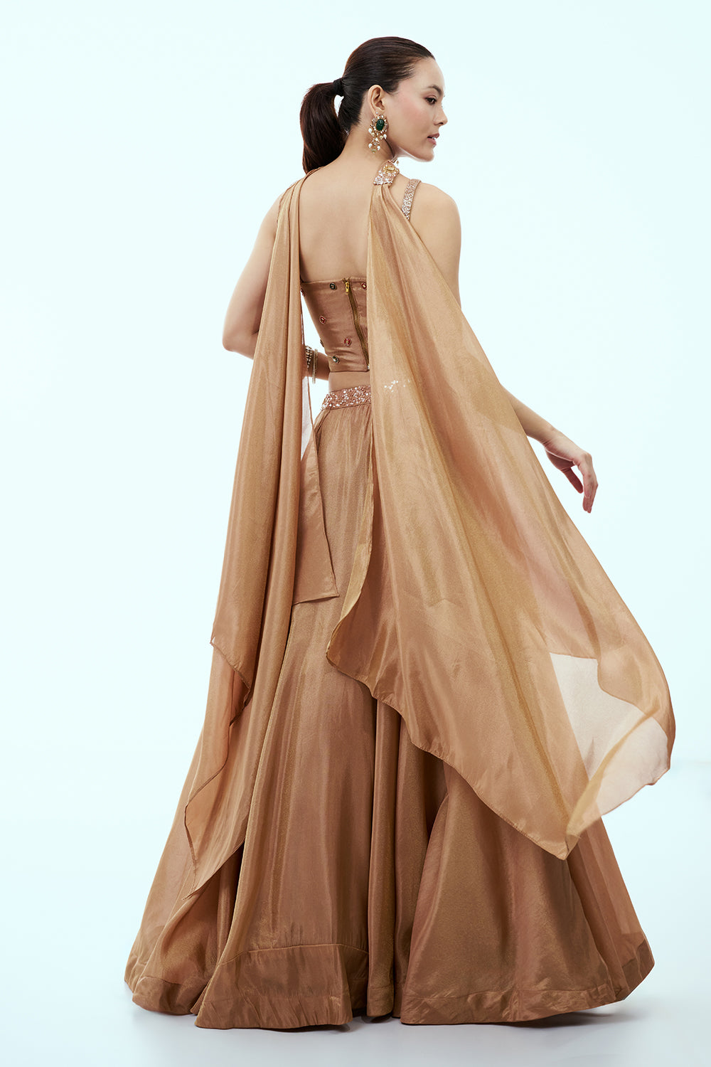 Bronze Tissue Silk Lehenga with Corset Blouse and Rhinestone Accents