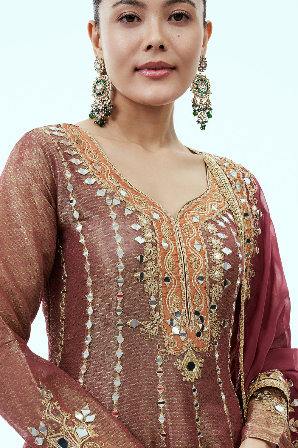 Brown Chanderi Tissue Anarkali Suit with Maroon Dupatta and Mirror Work