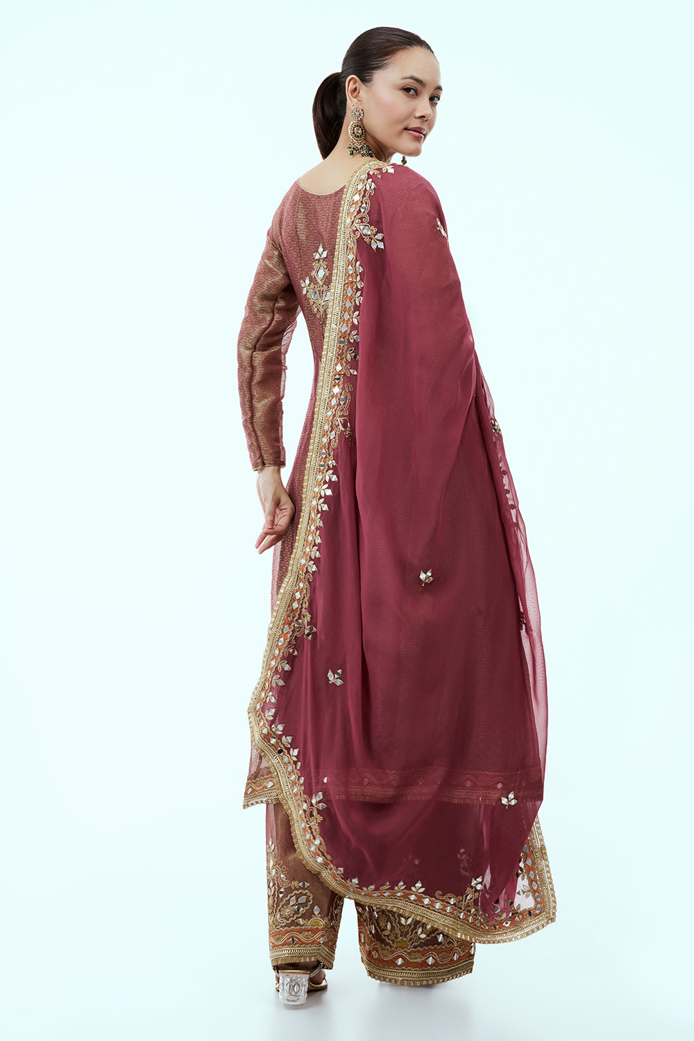 Brown Chanderi Tissue Anarkali Suit with Maroon Dupatta and Mirror Work