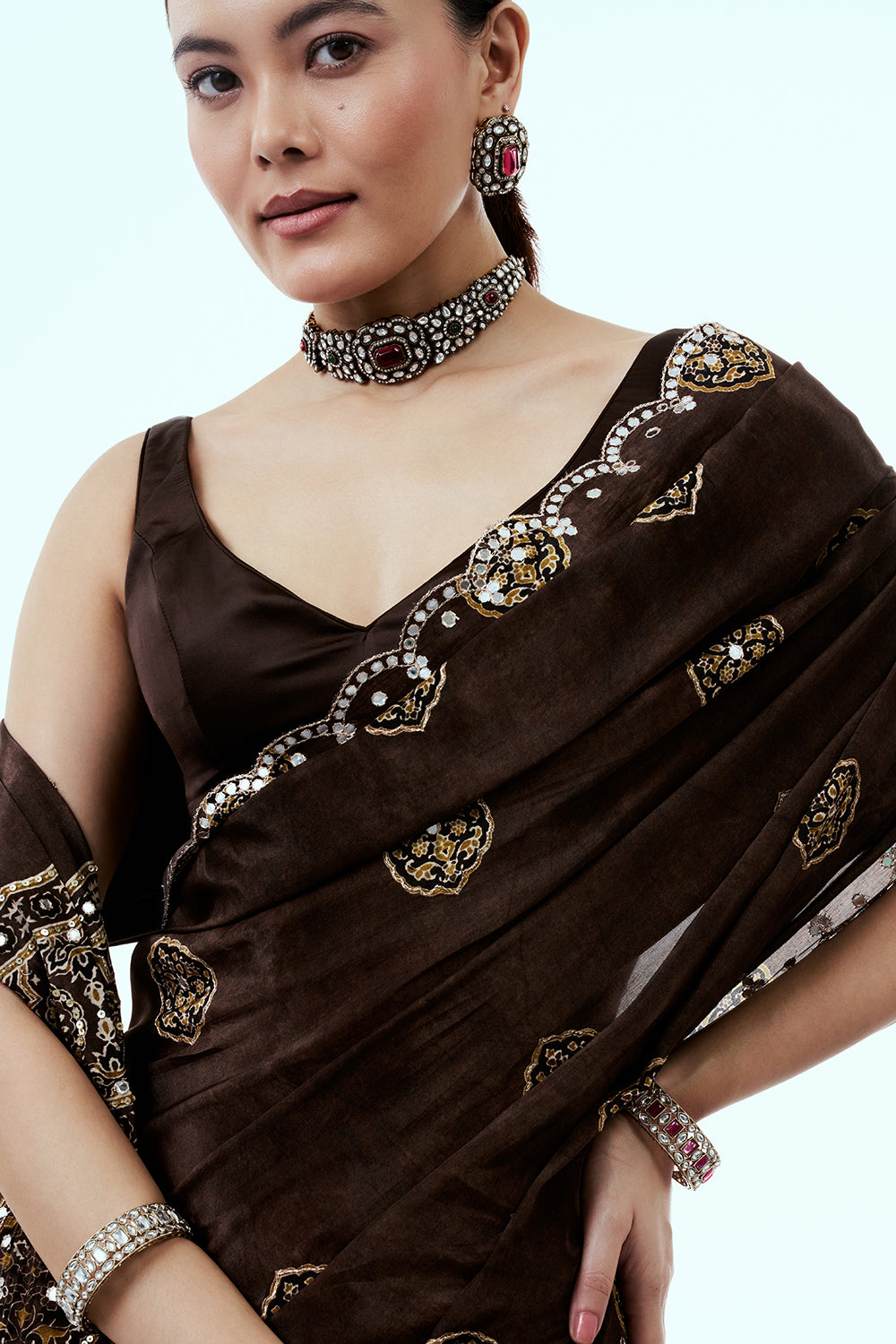 Brown Crepe Saree with Mirror and Zari Work