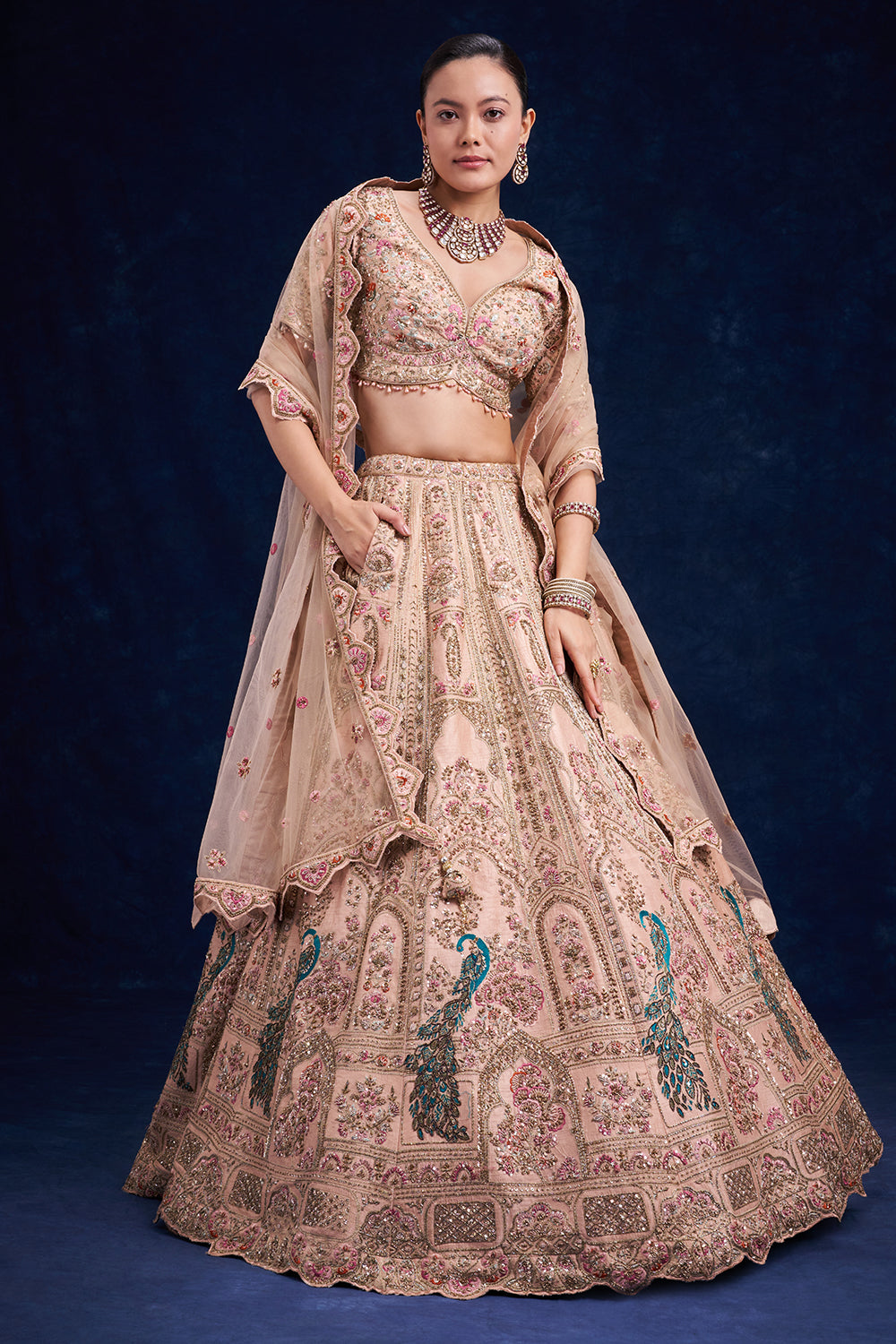 Brown Gold Raw Silk Bridal Lehenga with Zardozi and French Knot Work