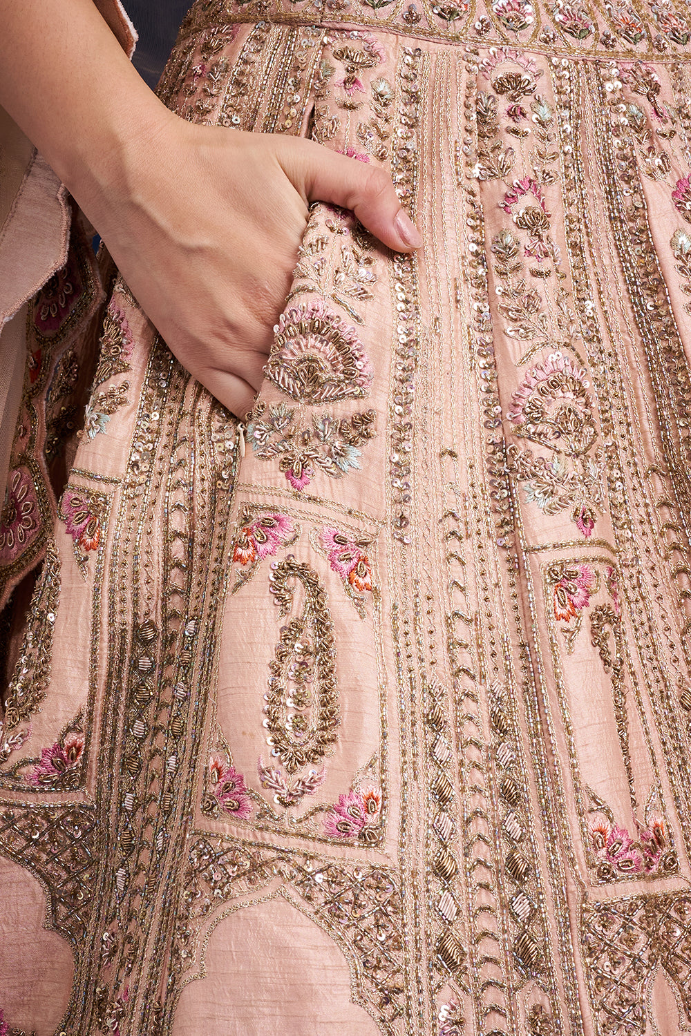 Brown Gold Raw Silk Bridal Lehenga with Zardozi and French Knot Work