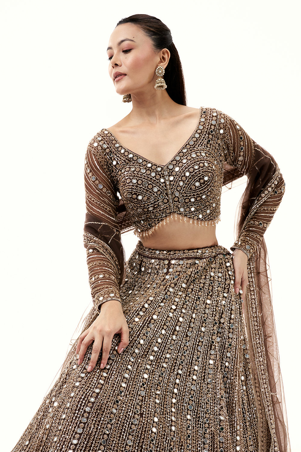 Brown Lehenga with Zari and Mirror Work