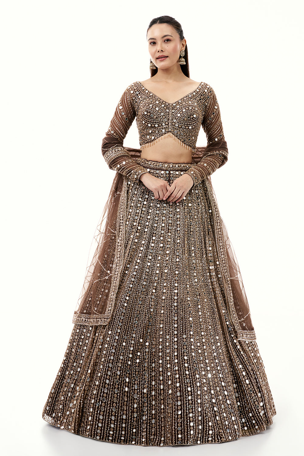 Brown Lehenga with Zari and Mirror Work