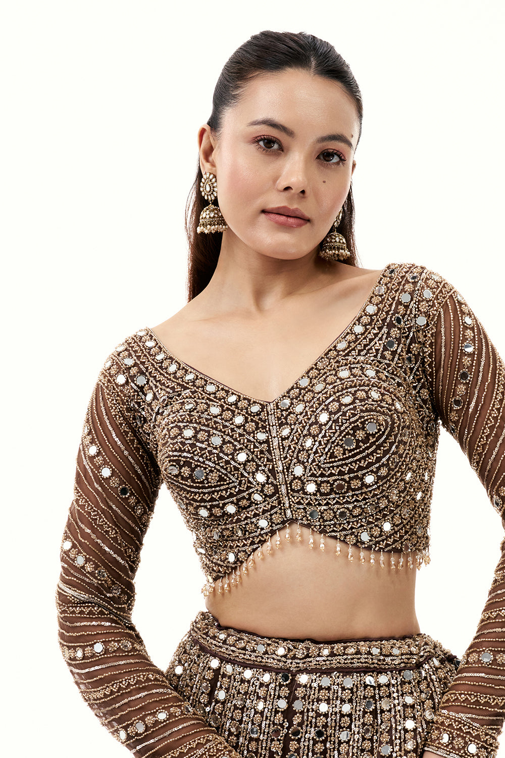 Brown Lehenga with Zari and Mirror Work