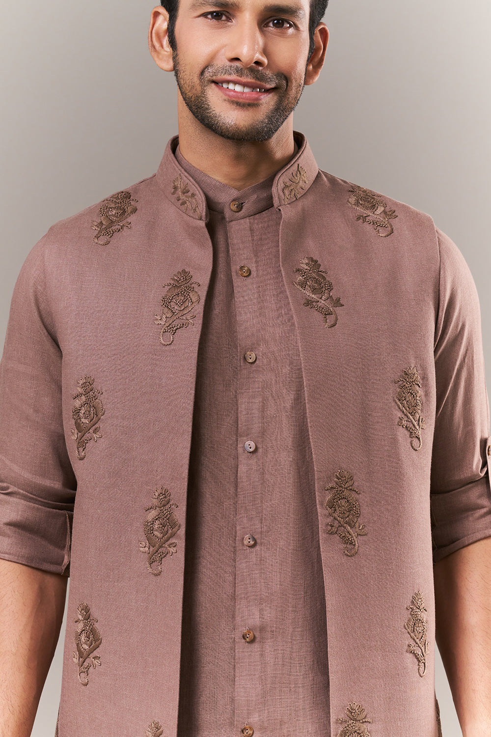 Brown Linen Mens Kurta Jacket Set with Parsi Work