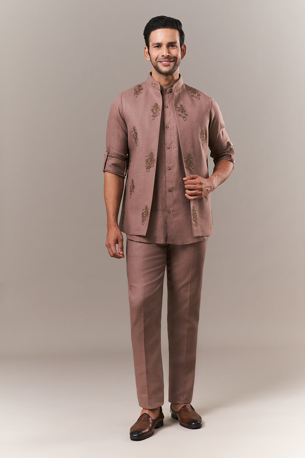 Brown Linen Mens Kurta Jacket Set with Parsi Work