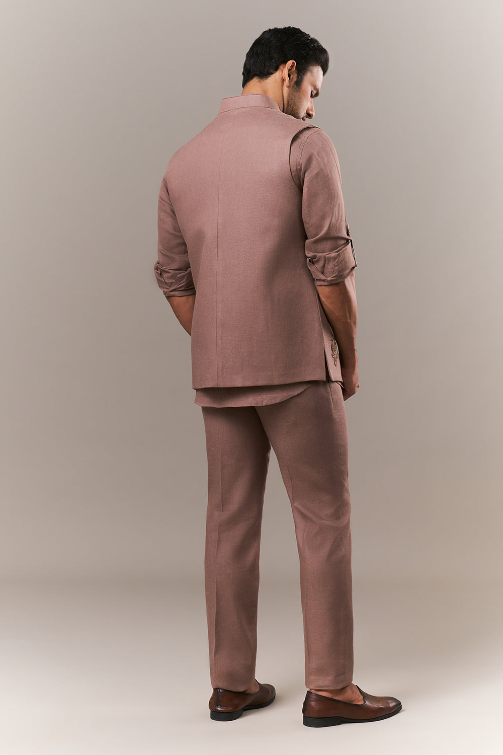 Brown Linen Mens Kurta Jacket Set with Parsi Work