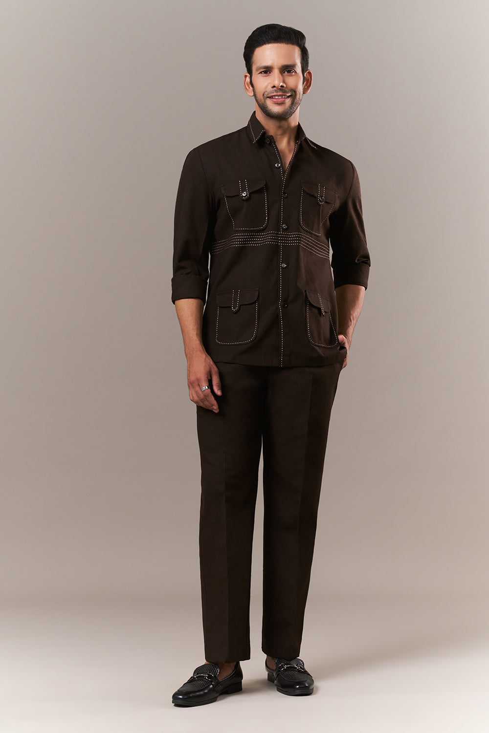 Brown Linen Mens Suit with Thread Work