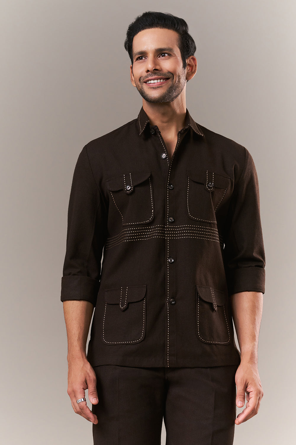 Brown Linen Mens Suit with Thread Work