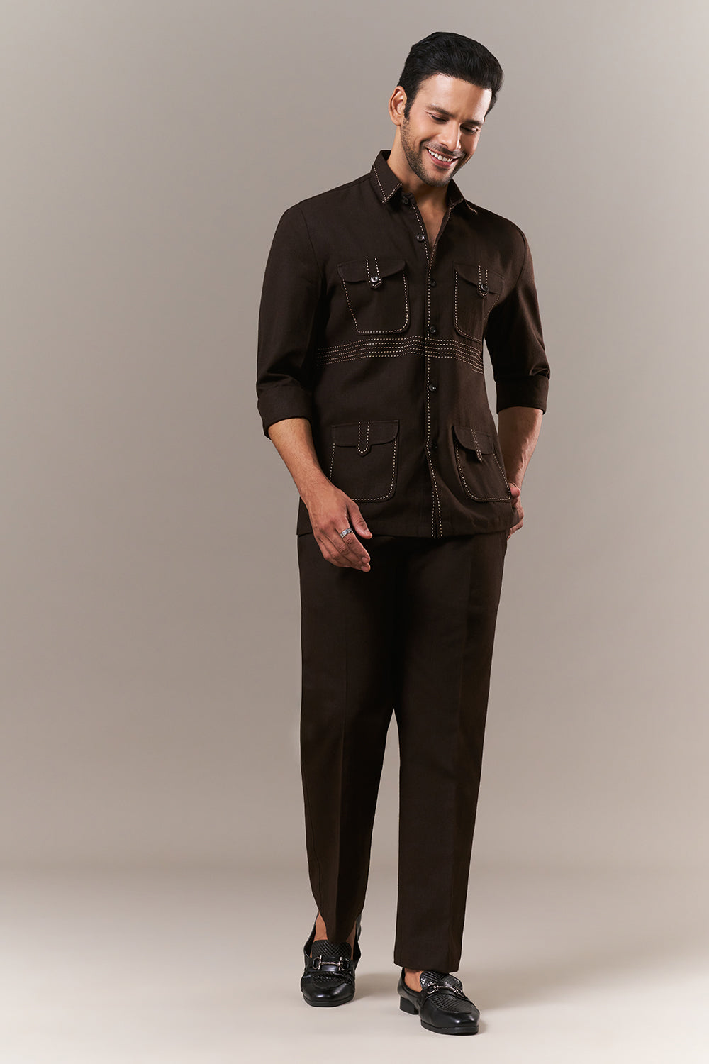Brown Linen Mens Suit with Thread Work