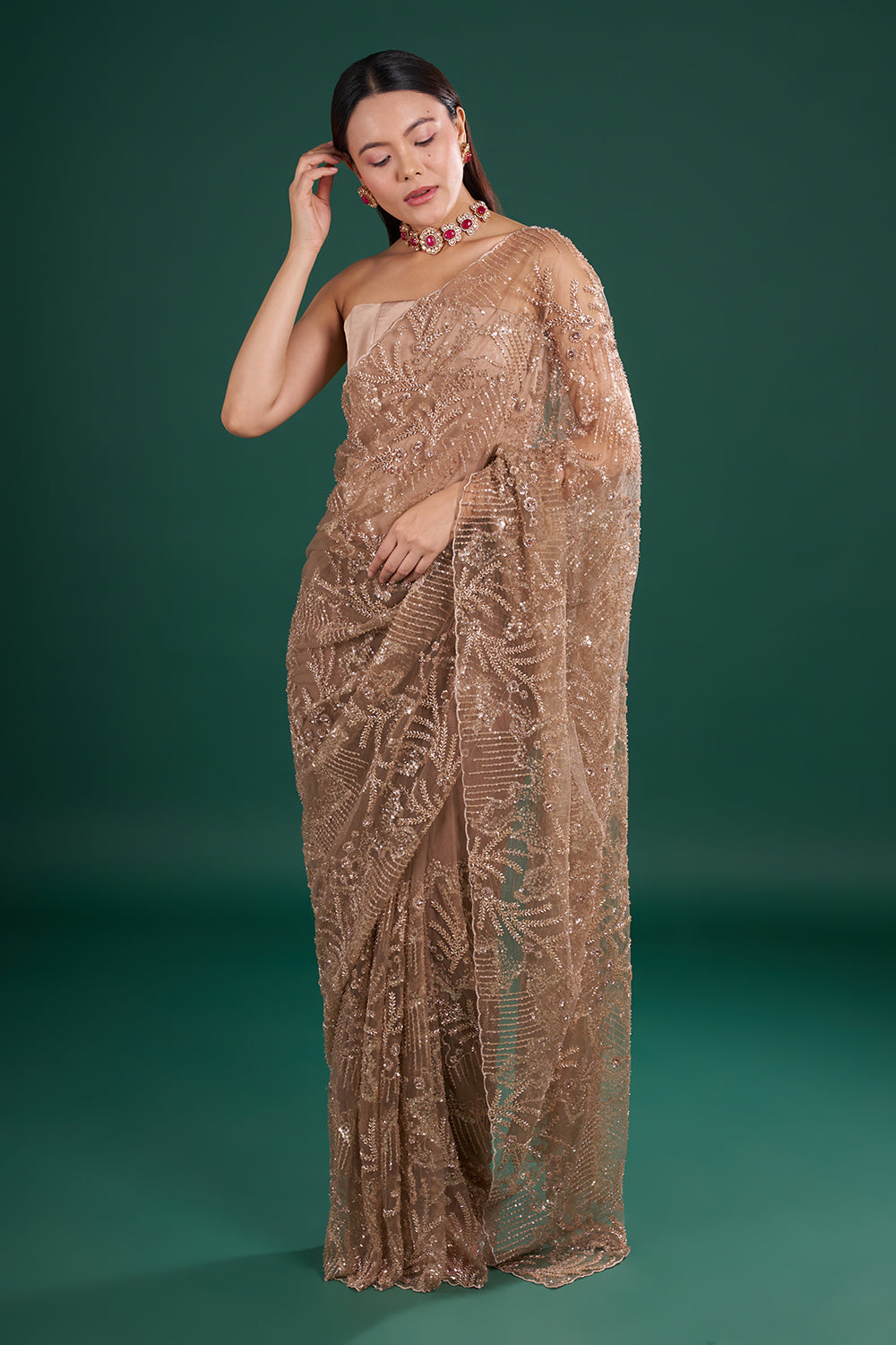 Brown Mauve Net Saree with Sequin Embroidery and Unstitched Blouse