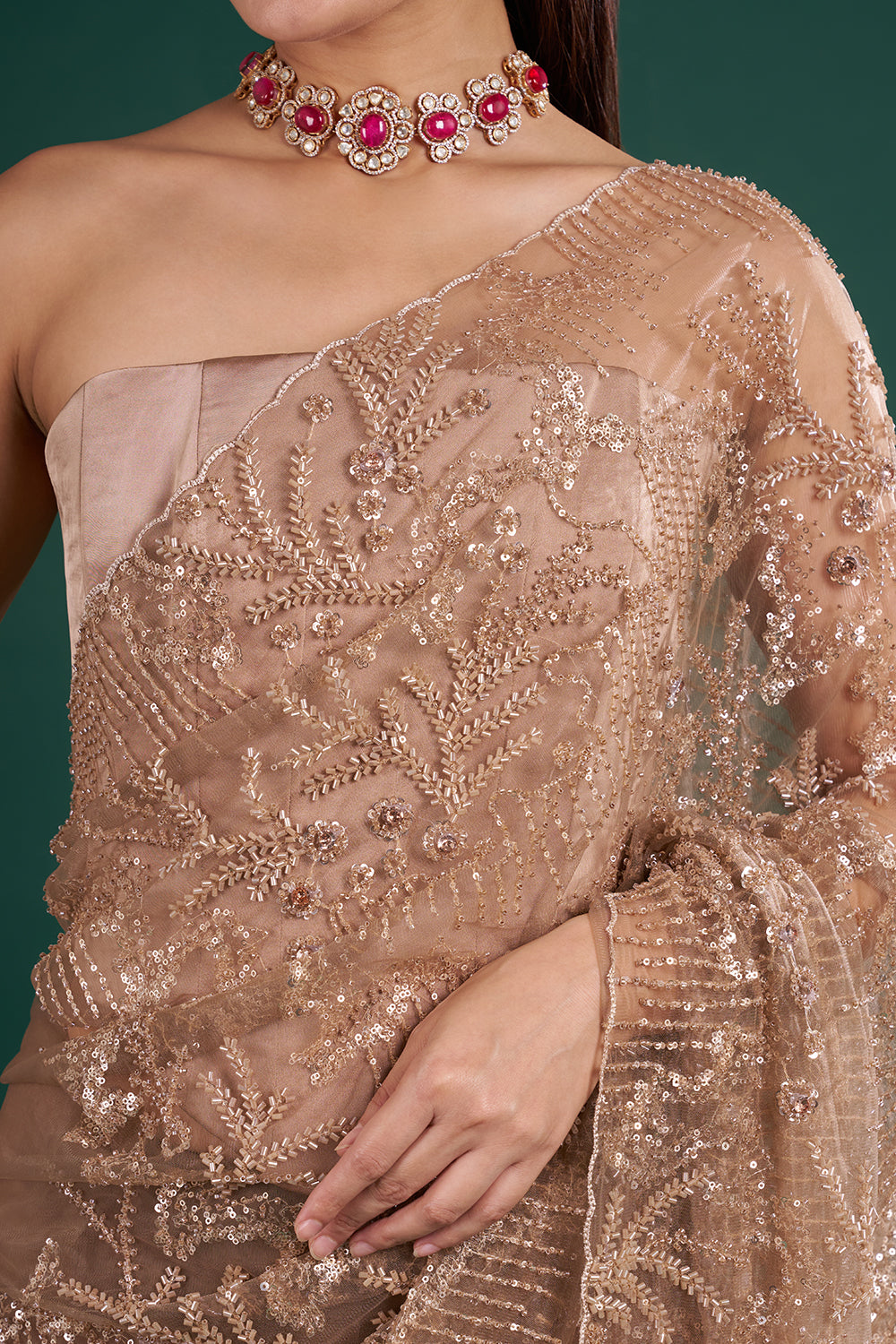Brown Mauve Net Saree with Sequin Embroidery and Unstitched Blouse