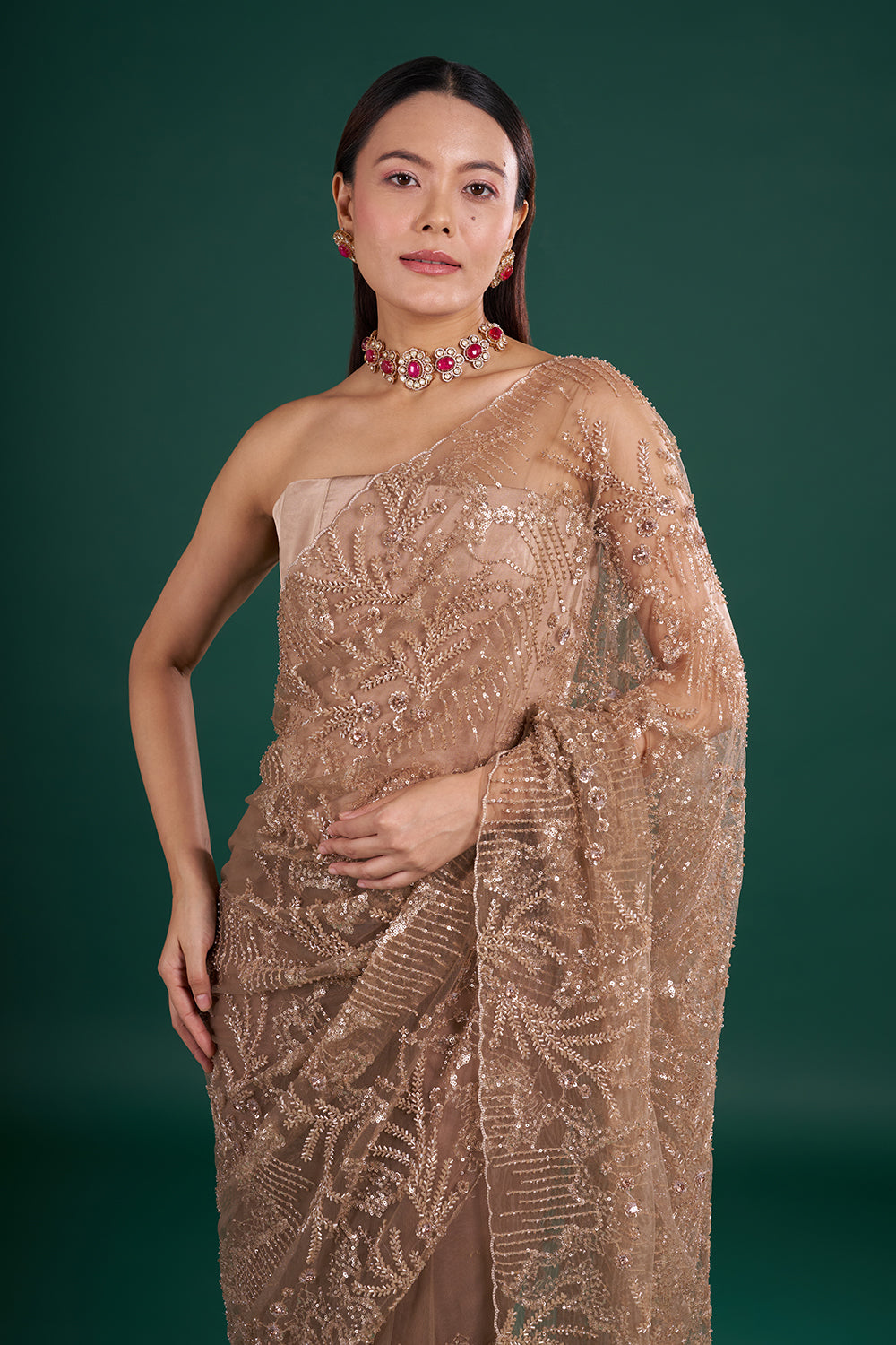 Brown Mauve Net Saree with Sequin Embroidery and Unstitched Blouse