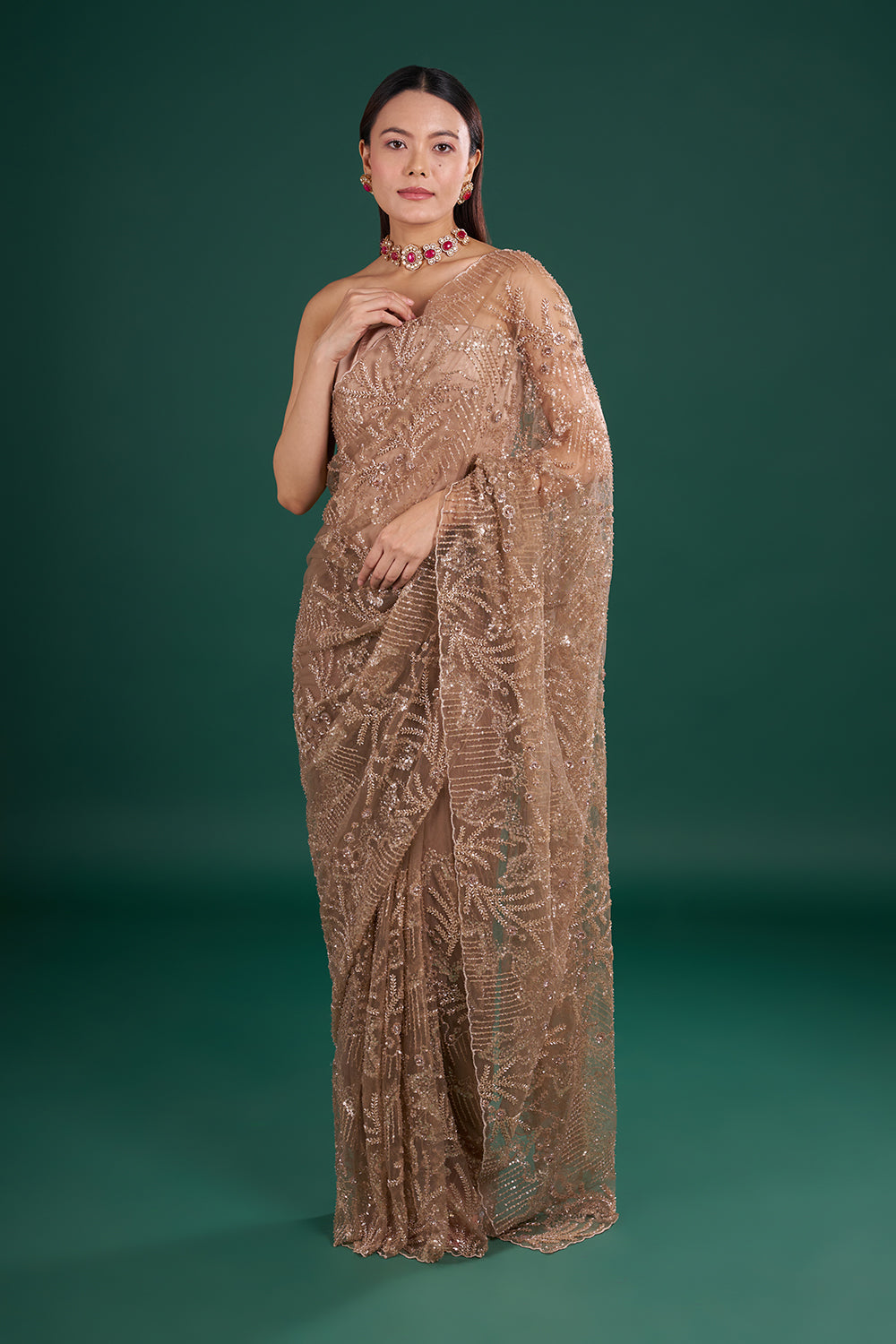 Brown Mauve Net Saree with Sequin Embroidery and Unstitched Blouse