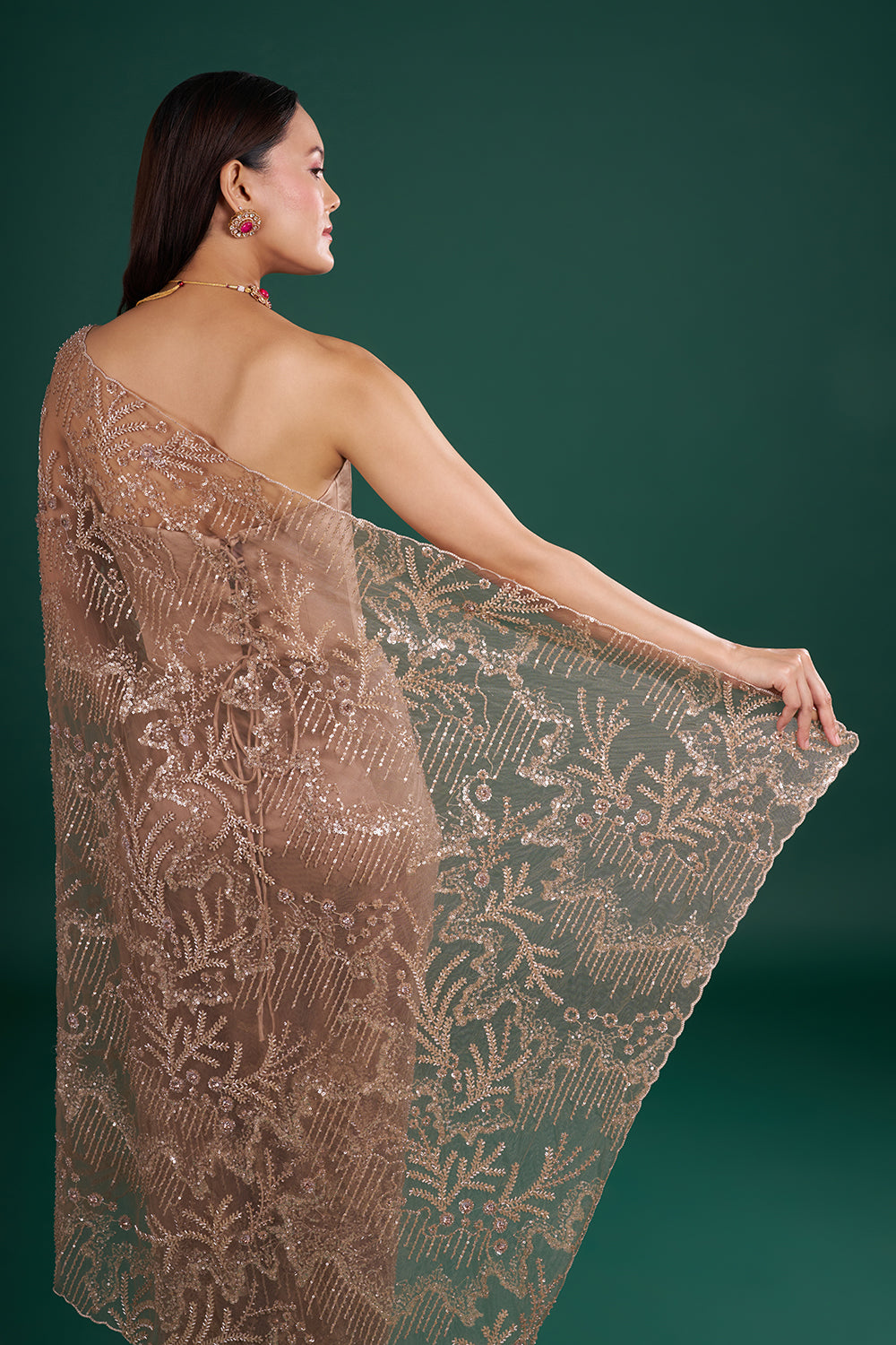 Brown Mauve Net Saree with Sequin Embroidery and Unstitched Blouse