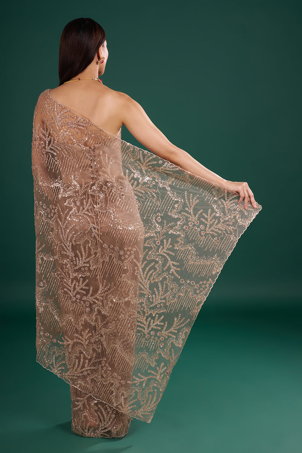 Brown Mauve Net Saree with Sequin Embroidery and Unstitched Blouse