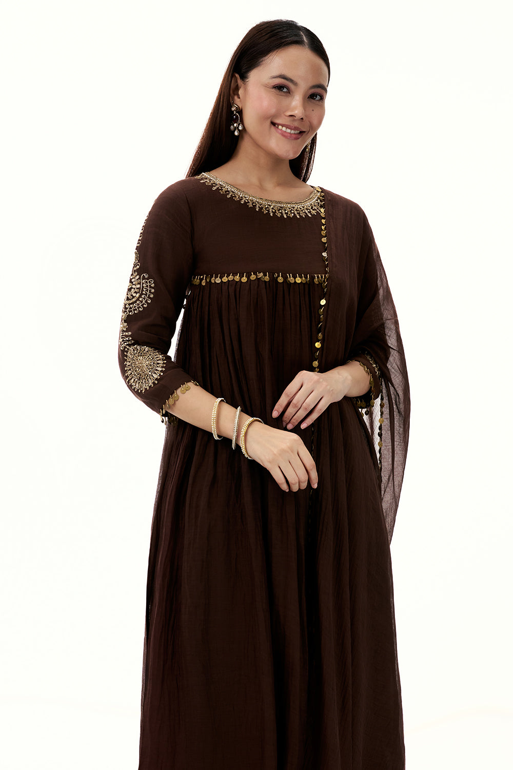 Brown Mul Cotton Suit with Zardosi Work and Tassels