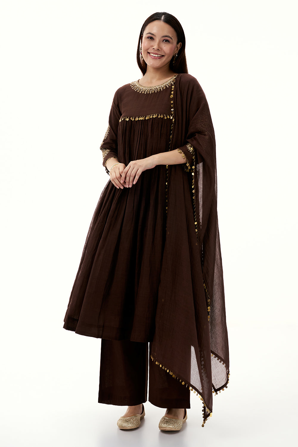 Brown Mul Cotton Suit with Zardosi Work and Tassels