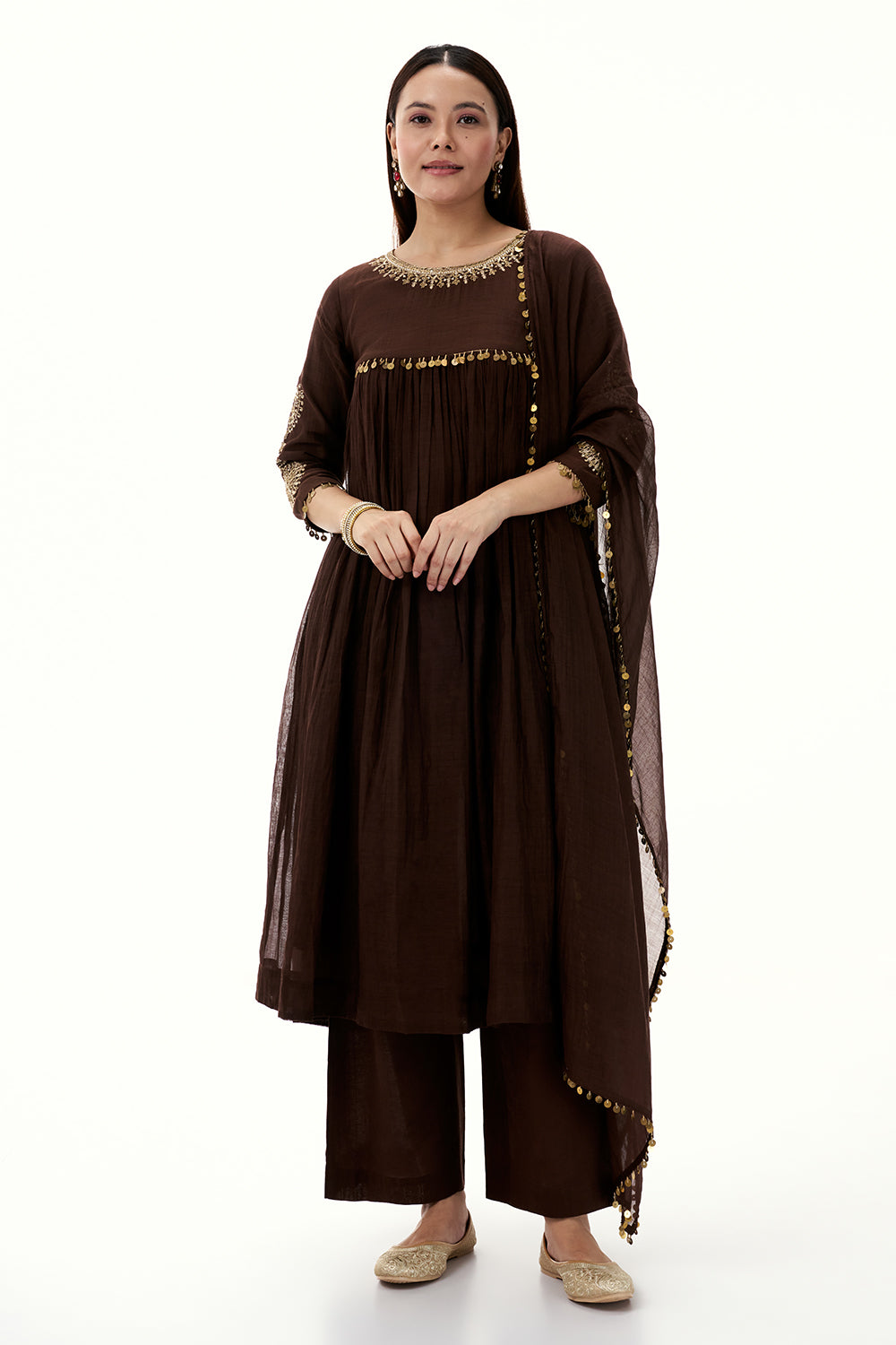 Brown Mul Cotton Suit with Zardosi Work and Tassels