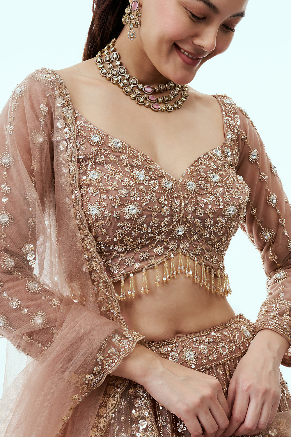 Brown Net Lehenga with Cutdana and Sequin Embroidery