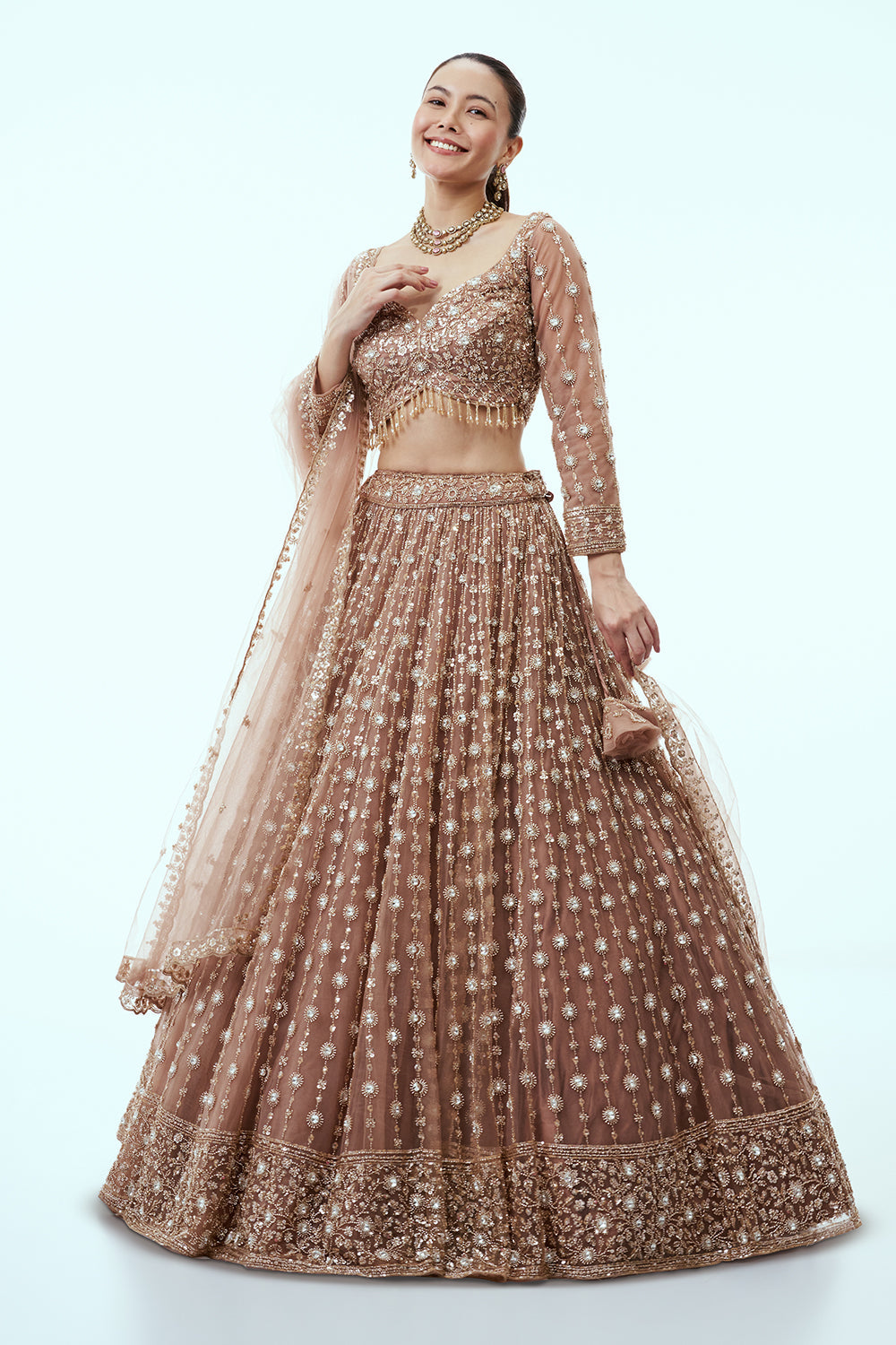 Brown Net Lehenga with Cutdana and Sequin Embroidery