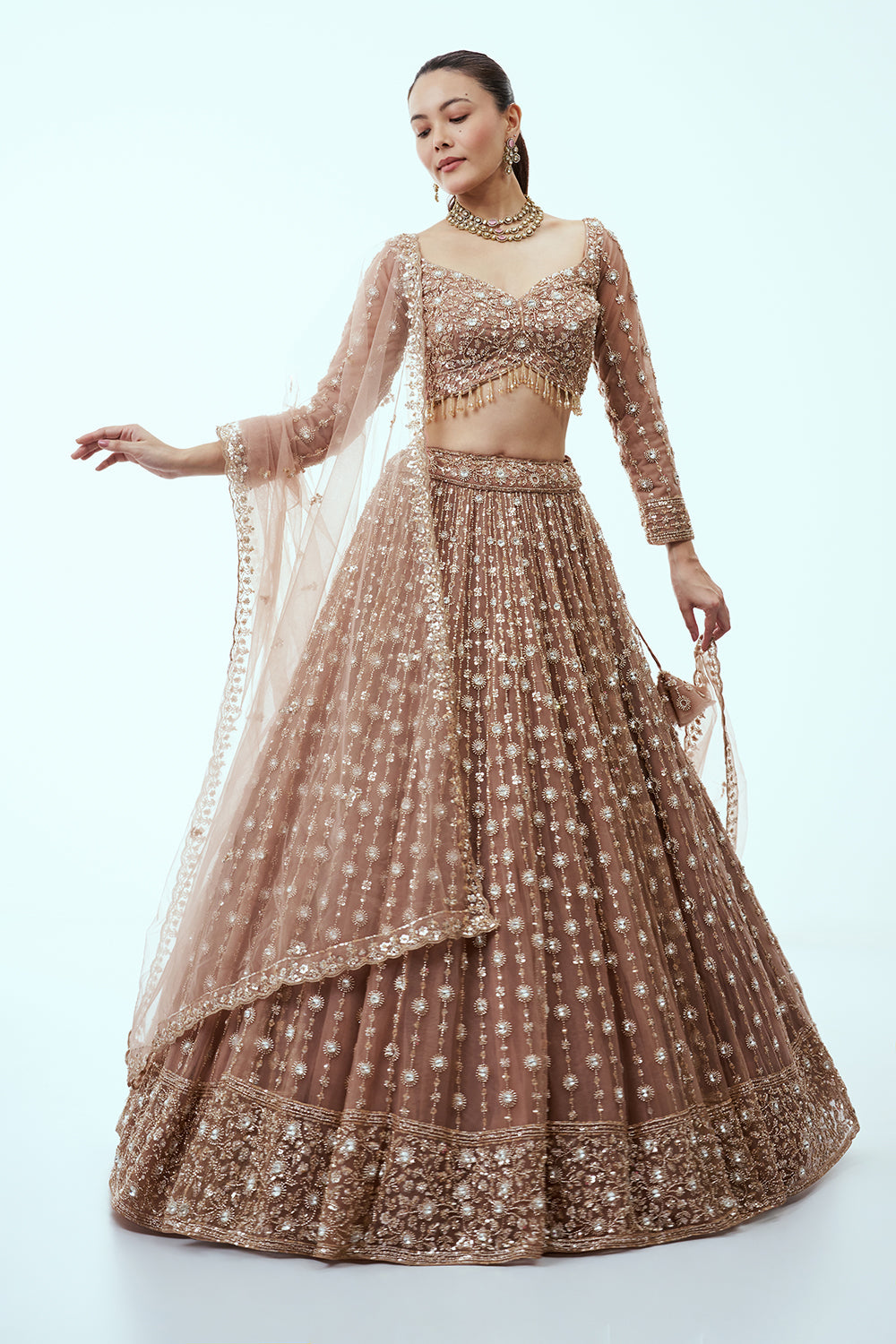 Brown Net Lehenga with Cutdana and Sequin Embroidery