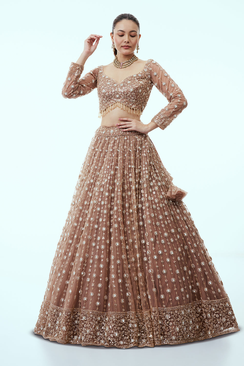 Brown Net Lehenga with Cutdana and Sequin Embroidery