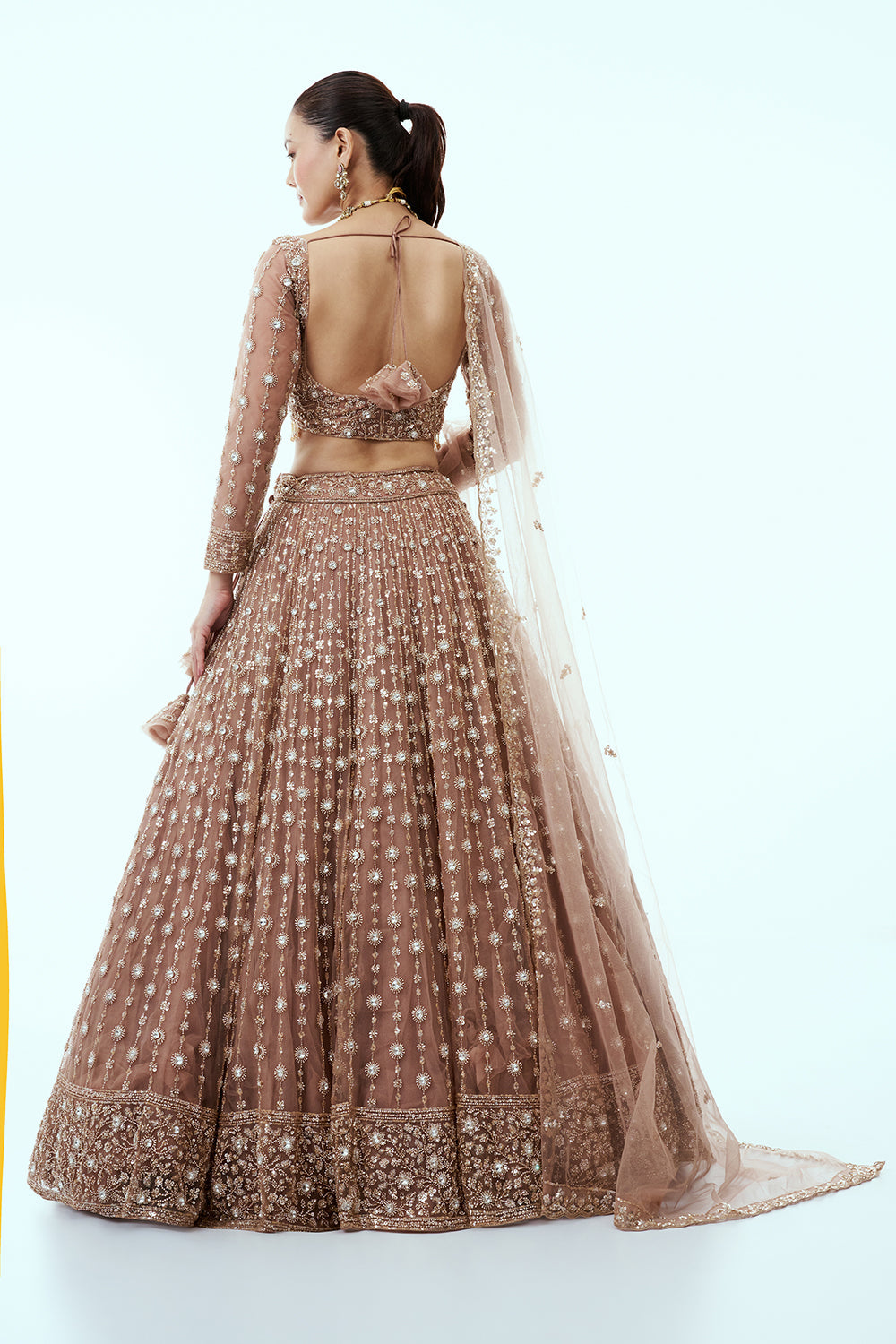 Brown Net Lehenga with Cutdana and Sequin Embroidery