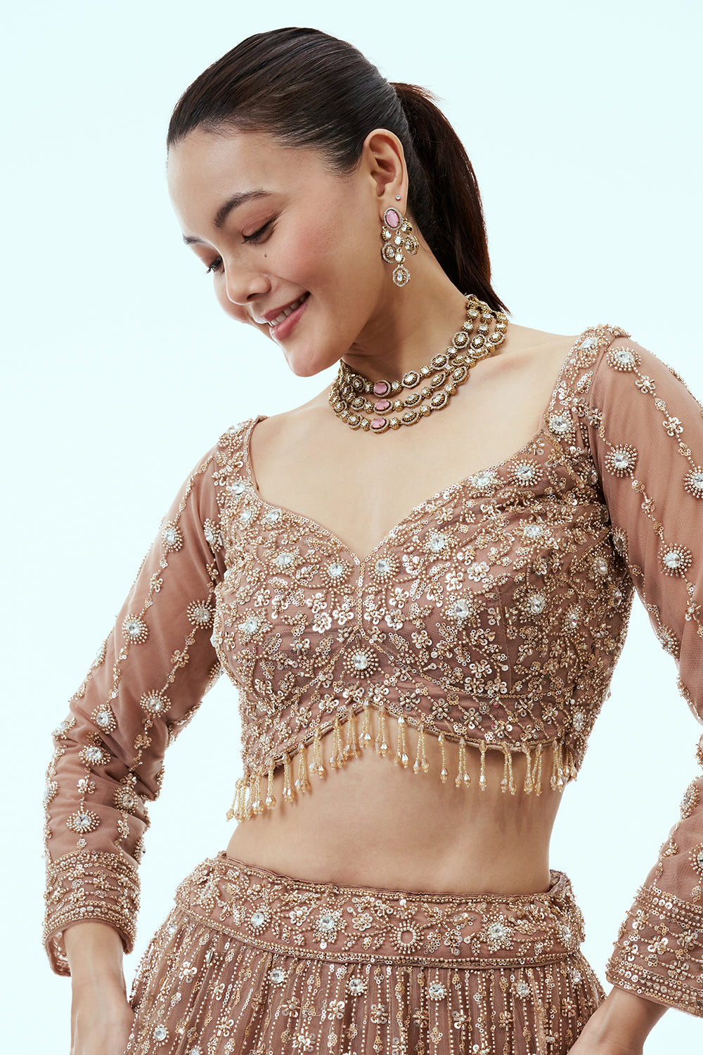Brown Net Lehenga with Cutdana and Sequin Embroidery