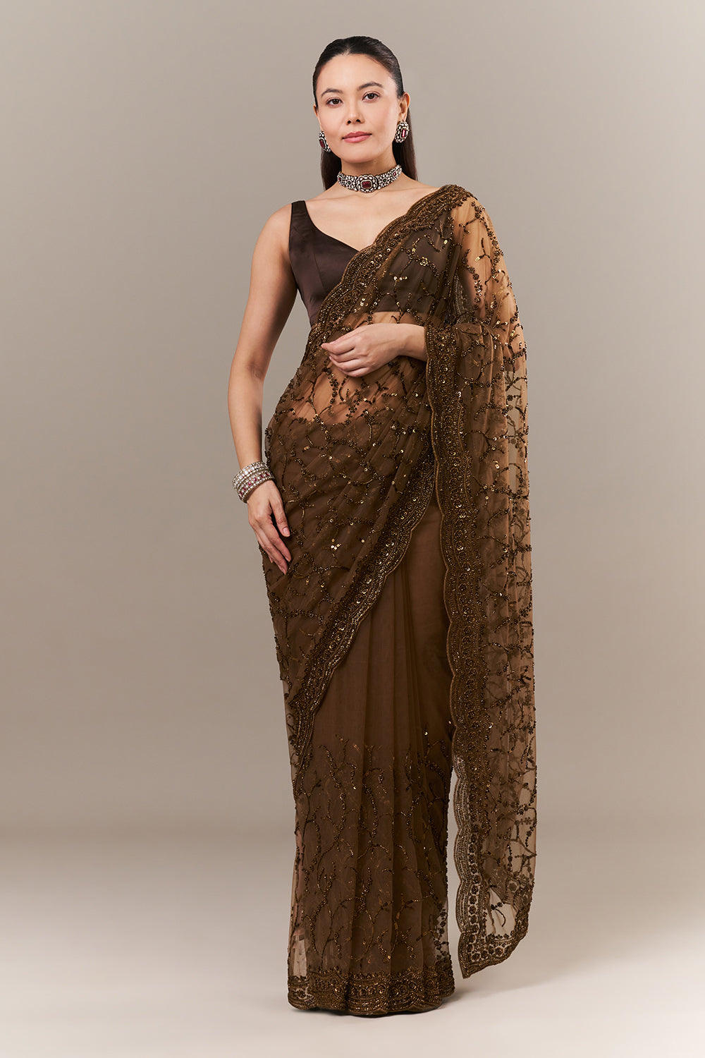 Brown Net Saree with Sequin and Zari Work
