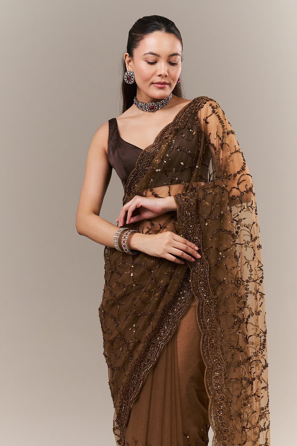 Brown Net Saree with Sequin and Zari Work
