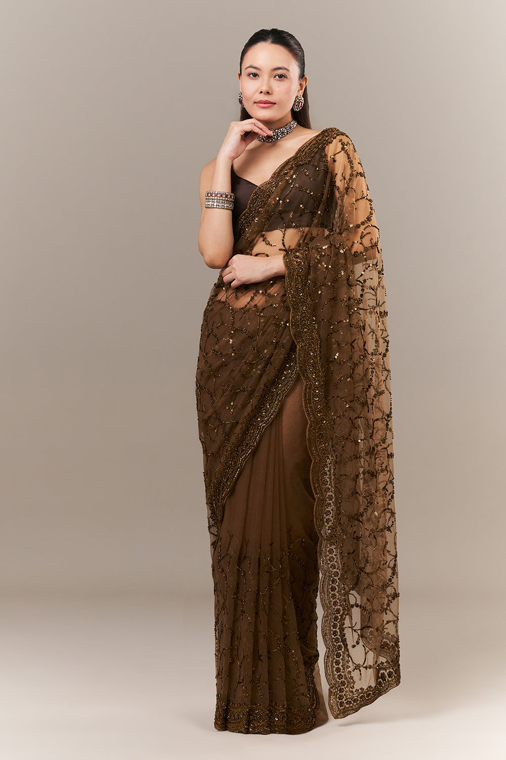 Brown Net Saree with Sequin and Zari Work